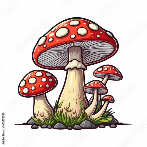 Cluster of Red Mushrooms with White Spots and Grass. Vector Image