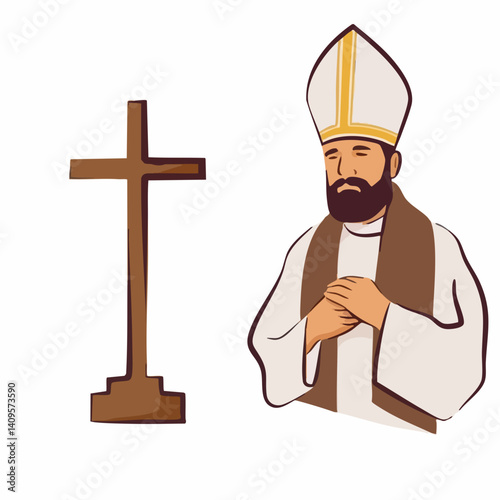 Clergyman in prayer before a cross. Vector Image