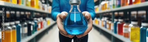 Close-Up of a Person Holding a Blue Liquid in a Laboratory Setting Surrounded by Various Bottles and Containers on Shelves