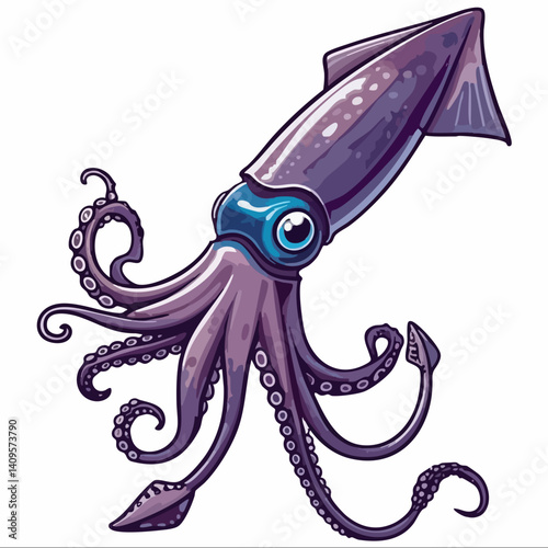 Cartoon illustration of a squid with tentacles. Vector Image