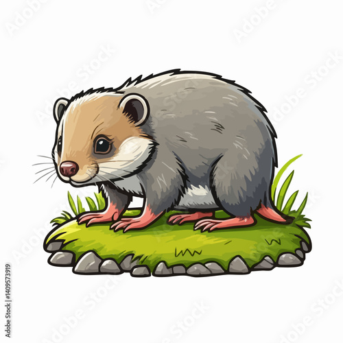 Cartoon illustration of a rodent on grass and rocks. Vector Image