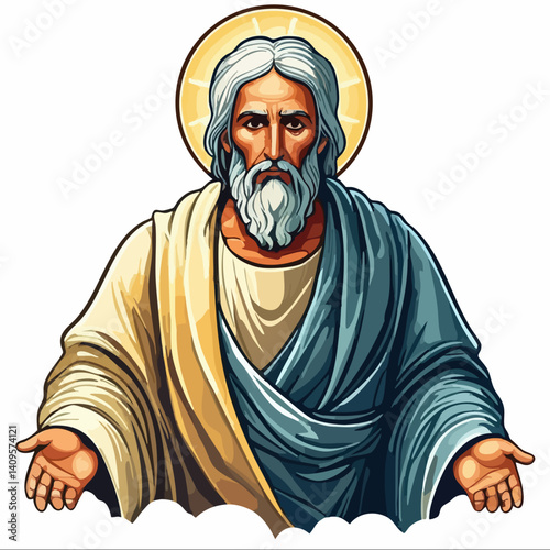 Biblical Figure with Open Arms and Halo. Vector Image