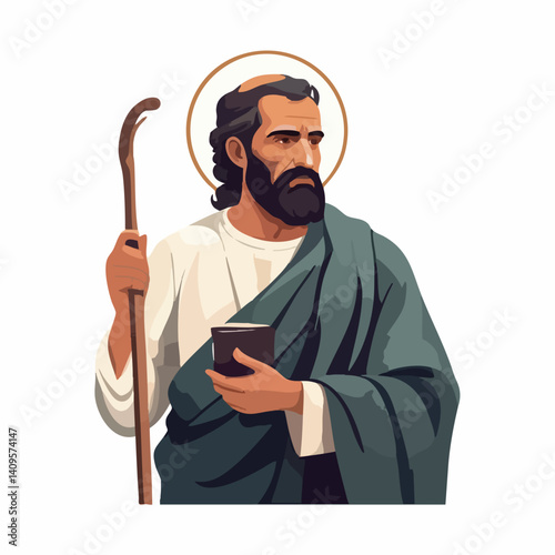 Bearded Man with Staff and Cup Religious Figure Illustration. Vector Image