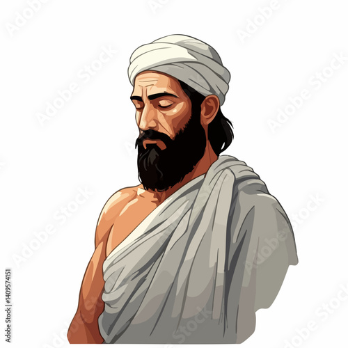 Bearded Man in Turban and Robe Portrait Illustration. Vector Image