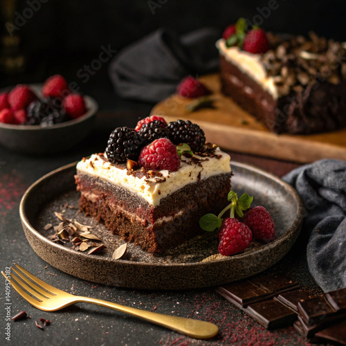Rich chocolate cake with cream, blackberries, raspberries and dark chocolate on elegant black plate