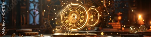 An AI-upgraded ancient timepiece levitating with luminous golden clockwork holograms