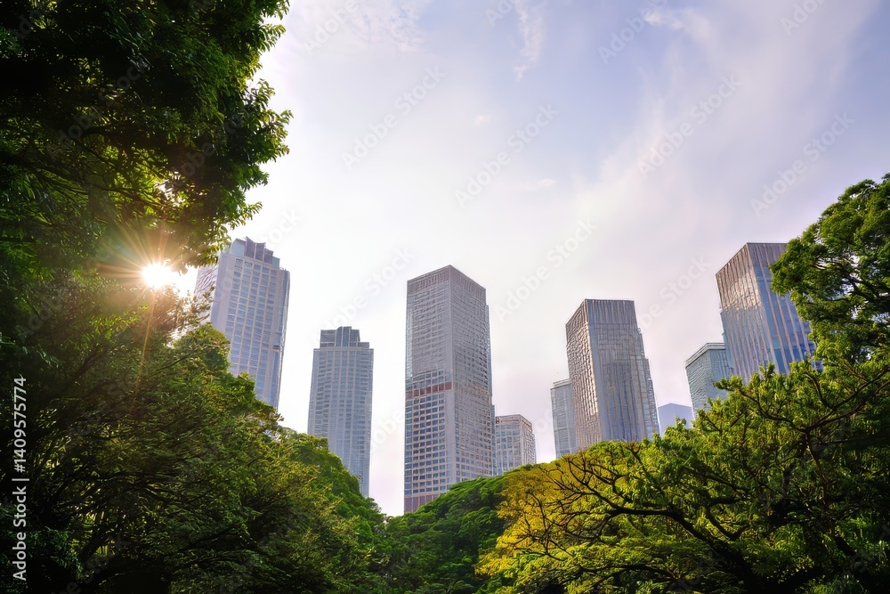 Obraz premium Skycrapers rise above lush green park
