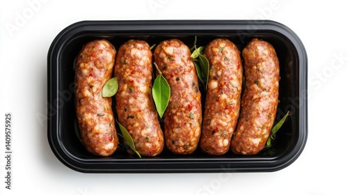 Fresh uncooked sausages arranged in a black tray with green bay leaves on a clean surface highlighting the raw ingredients and meat preparation process