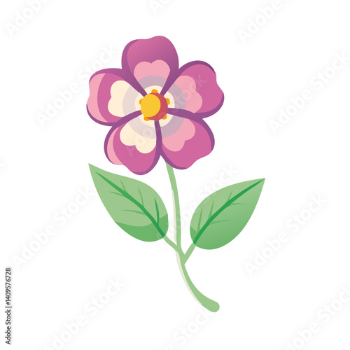 Stylized Pink Flower with Green Leaves Illustration Art