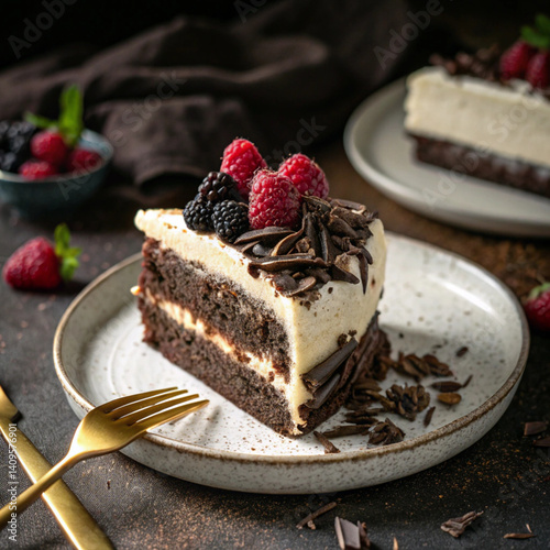 Chocolate layer cake with cream frosting topped with fresh berries and chocolate flakes on ceramic plate