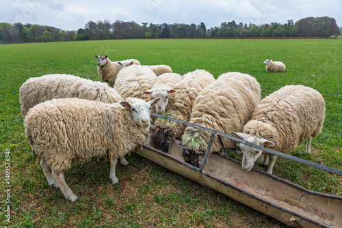 Sheep feeding from a trough, Cotswolds, Gloucestershire, England, United Kingdom, Europe