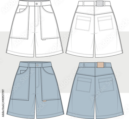 Unisex Denim Shorts, relaxed fit, boyfriend jeans fashion flat technical drawing template, illustration, vector. High waist denim short. Front and back view. Women, men, unisex. CAD, mockup.