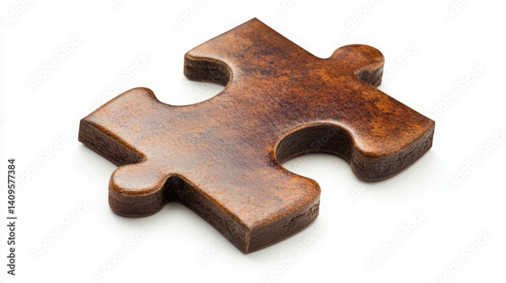Fototapeta premium Single brown wooden jigsaw puzzle piece isolated on white background.