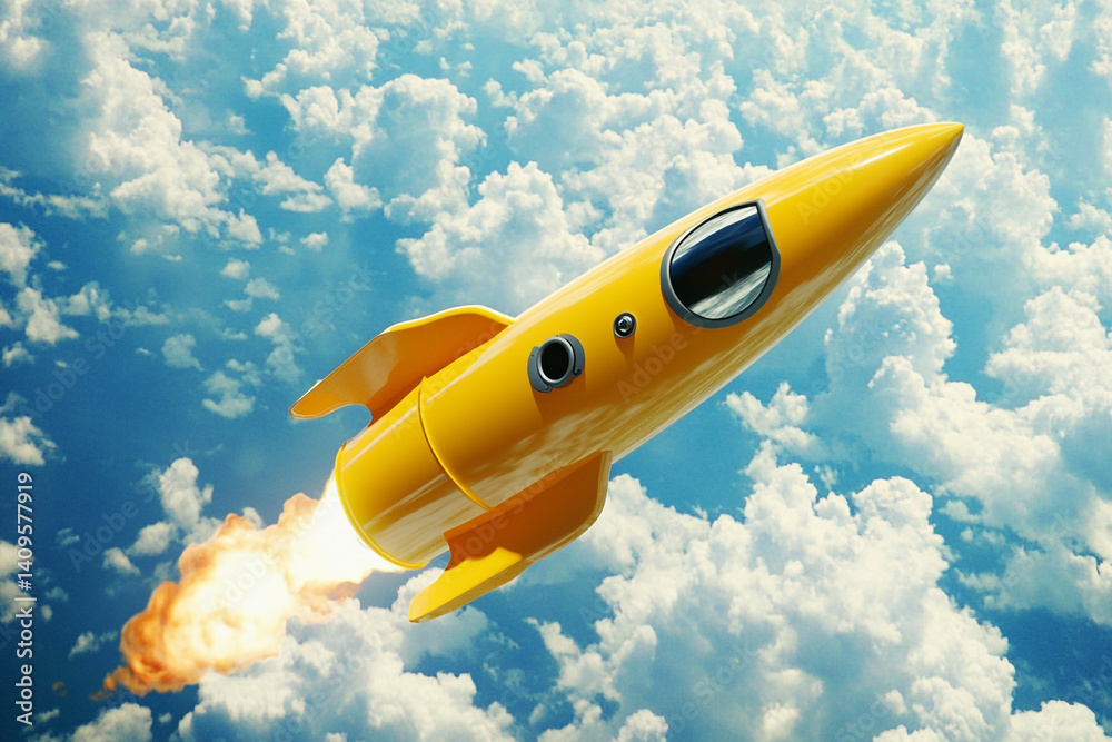 Yellow rocket soaring through fluffy clouds joyful flight adventure Yellow rocket soaring through fluffy clouds joyful flight adventure