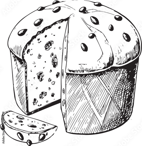 Panettone Christmas Easter Paska Kulich Black and White Vector Illustration, Sketch Drawing Line Linear Symbol Icon Engraving, Hand-drawn Isolated