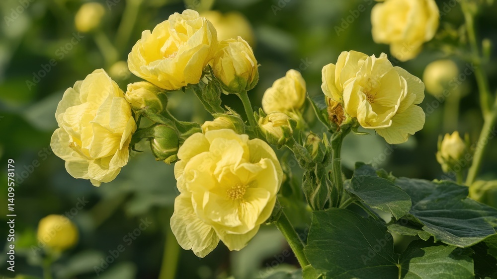 Close-up view of vibrant yellow flowers with green leaves and blurred background. Close-up view of vibrant yellow flowers with green leaves and blurred background.