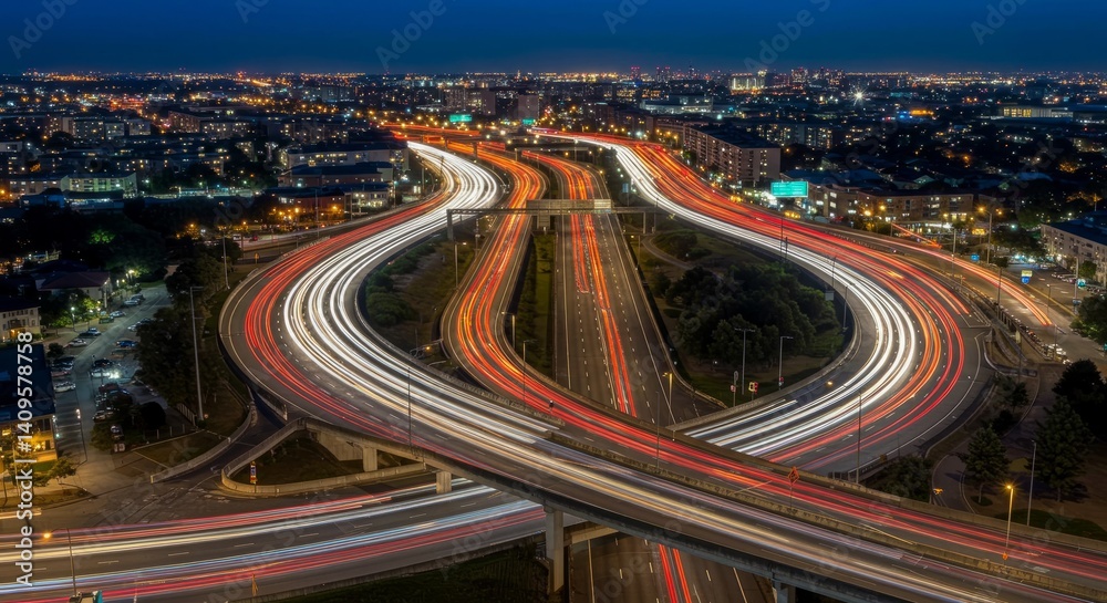 Fototapeta premium Aerial View Of Night Road Traffic In City