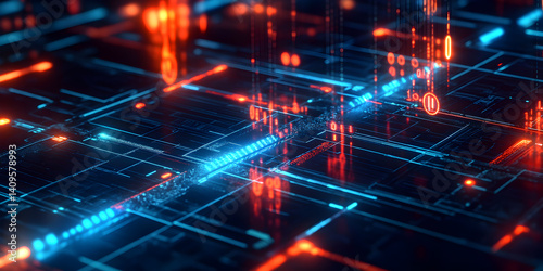 Abstract close-up of a digital circuit or network interface with neon red and blue glowing lines, binary code and dynamic data flows, evoking a high-tech cyber environment