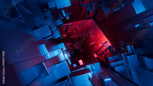 Fototapeta Naklejka Na Ścianę i Meble -  3D rendering. Abstract geometric background, complex metal construction illuminated with blue and red neon light