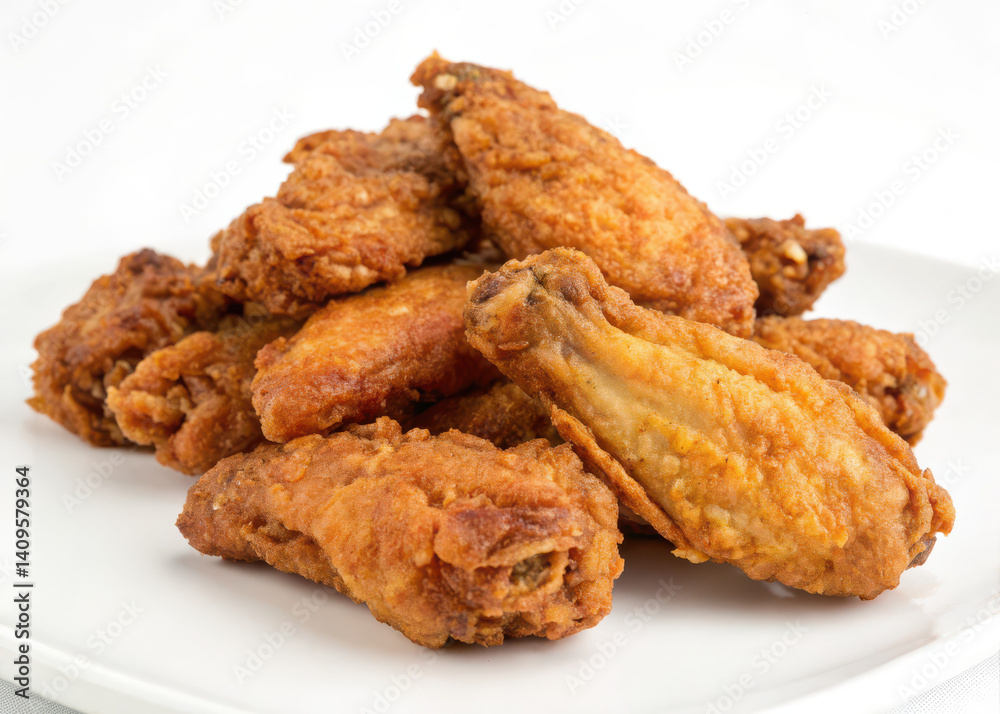 A heaping pile of golden-brown fried chicken wings is presented on a white plate. The wings have a crispy, textured surface and vary in size and shape, showcasing a tempting appeal. A heaping pile of golden-brown fried chicken wings is presented on a white plate. The wings have a crispy, textured surface and vary in size and shape, showcasing a tempting appeal.