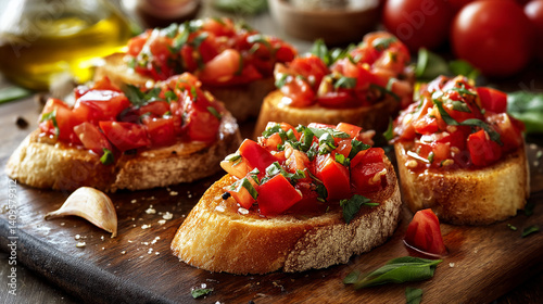 Fresh tomato bruschetta on toasted baguette slices