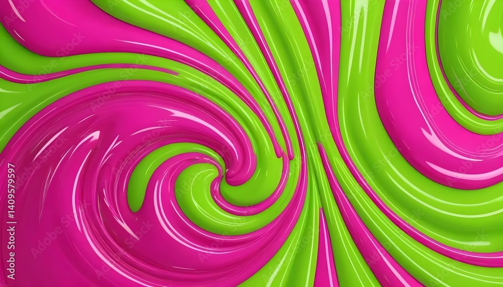 Obraz premium Neon liquid swirl in lime green and electric pink, shiny and smooth surface texture.