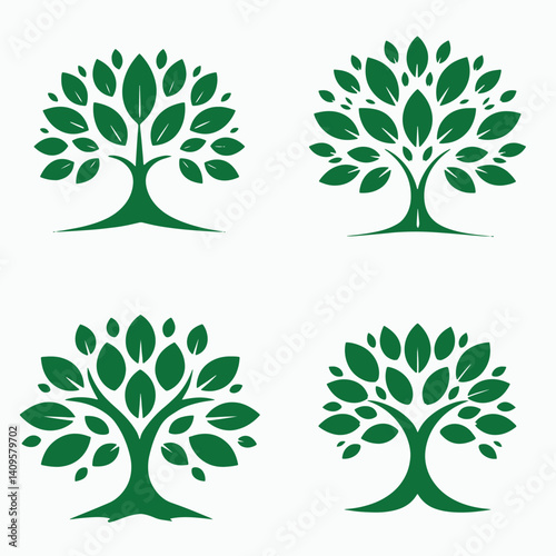 Set of stylized green tree symbols featuring thick trunks and leafy crowns for eco and natural use