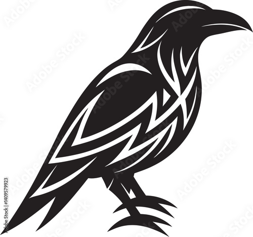 Raven crow in modern tribal tattoo abstract line