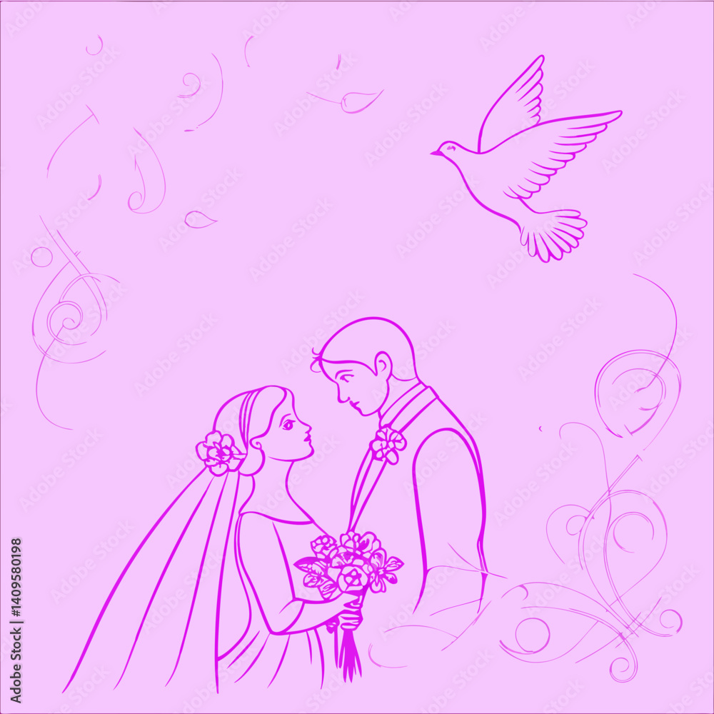 Romantic Wedding Invitation Design with Soft Neutral Colors, Hand-Drawn Couple, Florals, and Doves Romantic Wedding Invitation Design with Soft Neutral Colors, Hand-Drawn Couple, Florals, and Doves