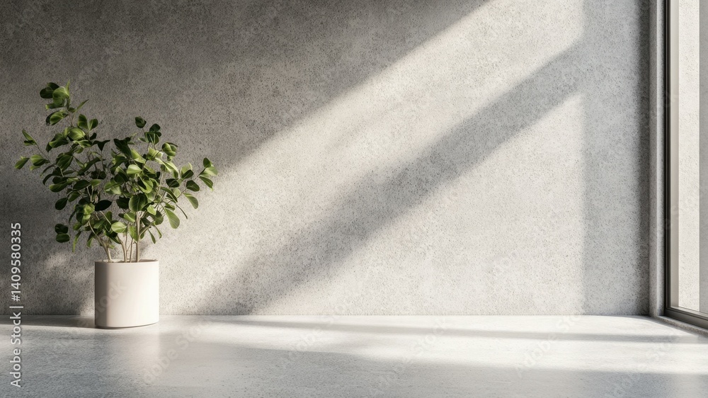 Obraz premium Potted plant against a textured concrete wall with sunlit shadows falling.
