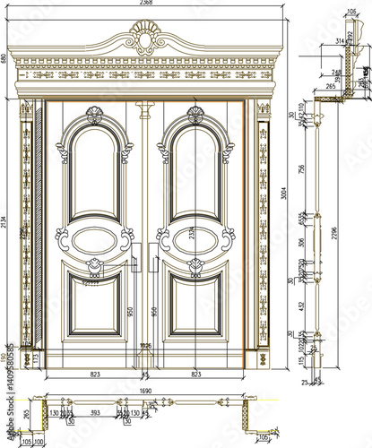 vector sketch illustration silhouette design of classic teak wood door vintage ethnic traditional