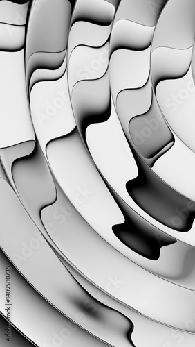 Abstract background. Fluted glass effect. Glossy polished surface. 3d rendering, silver gradient refracted in rippled glass. Fluid pattern with curved lines