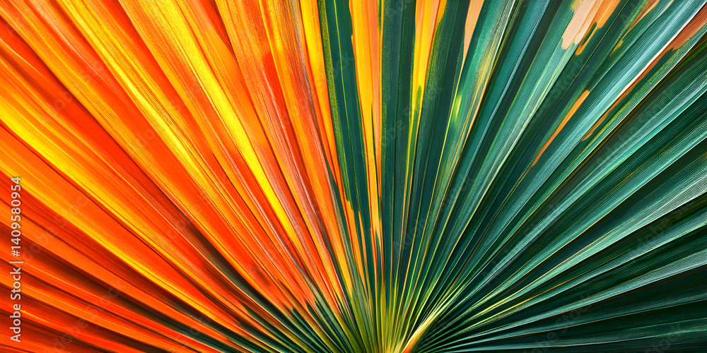 Obraz premium Close-up of a vibrant palm leaf with radiant orange, yellow, and green hues fanning out in symmetrical lines, showcasing bold natural patterns and tropical energy