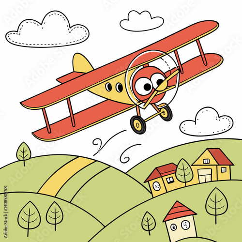 Silly cartoon biplane doing loop-de-loops over a whimsical cartoon countryside