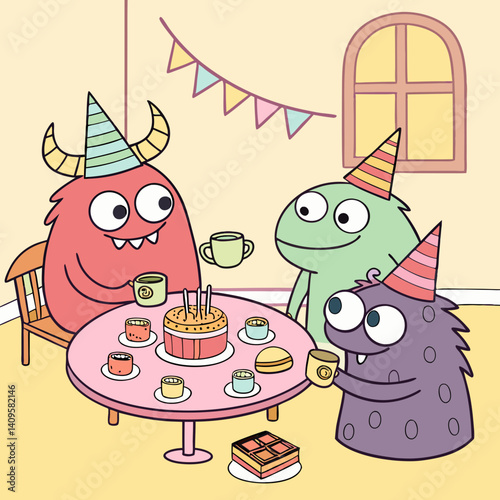 Playful Monsters in Silly Hats Having a Tea Party