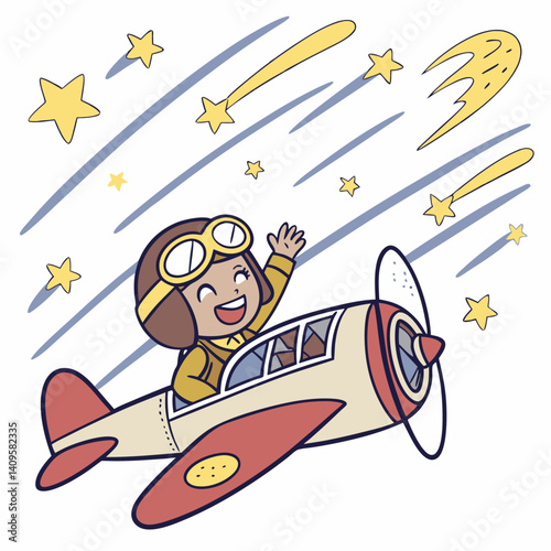 Cheerful airplane pilot waving from cockpit in a sky filled with shooting stars