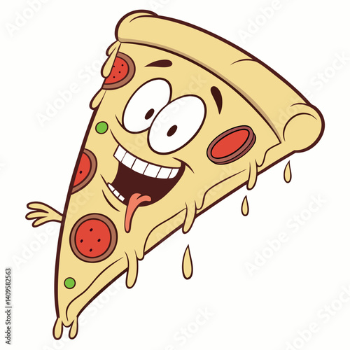 Excited pizza slice with dripping cheese
