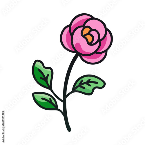 Cartoon Pink Rose with Leaves on Black Background