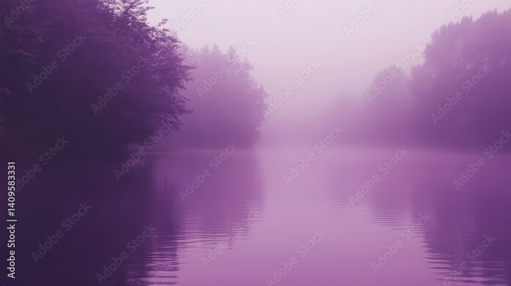 Fototapeta premium Misty purple river winding through a tranquil forest.