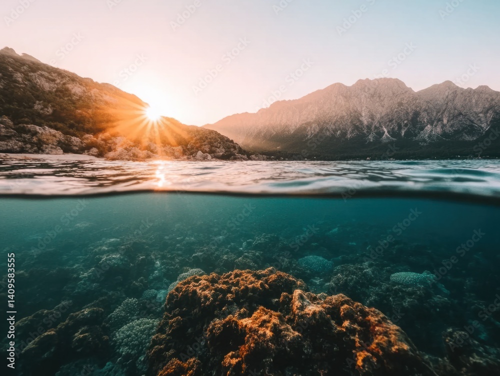 Breathtaking Sunrise Over Rocky Coastline with Reflections on Clear Water and Vibrant Coral Reef Beneath Surface in Serene Nature Landscape