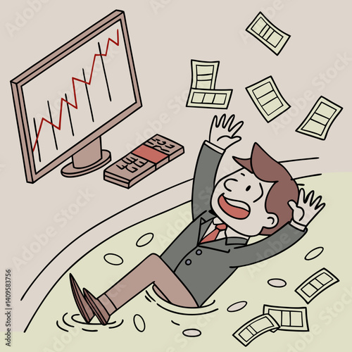 Funny businessman drowning in cash while ignoring falling stock charts