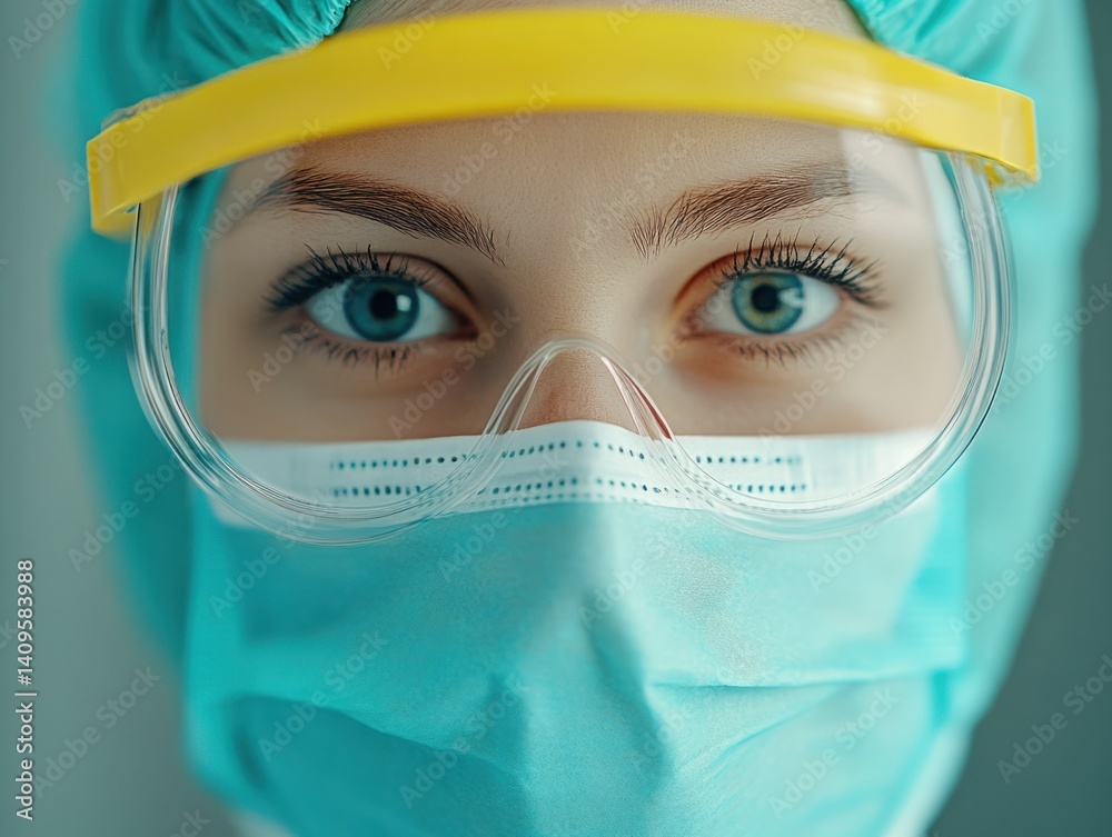 Medical professional wearing protective gear, face mask, and safety goggles, showcasing commitment to health and safety in clinical environment and personal care
