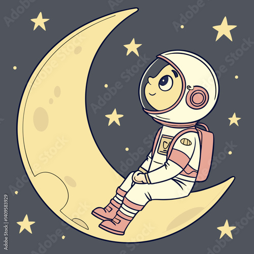 Dreamy cartoon astronaut sitting on a crescent moon, gazing at the stars in awe