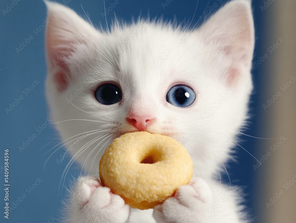 Adorable white kitten with bright blue eyes holding a snack in its paws, showcasing playful curiosity in a colorful background setting