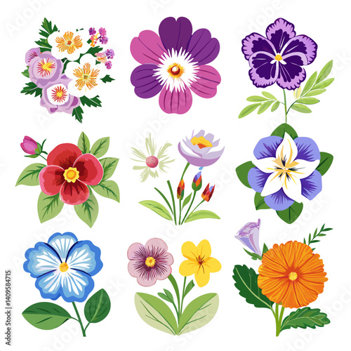 Colorful spring flower vector assortment on white background