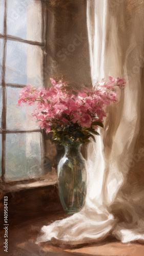 Painting of pink flowers in vase on a sunlit windowsill. Soft sunlight seeping through old window glass. Painted on canvas. Bush strokes and canvas texture visible.