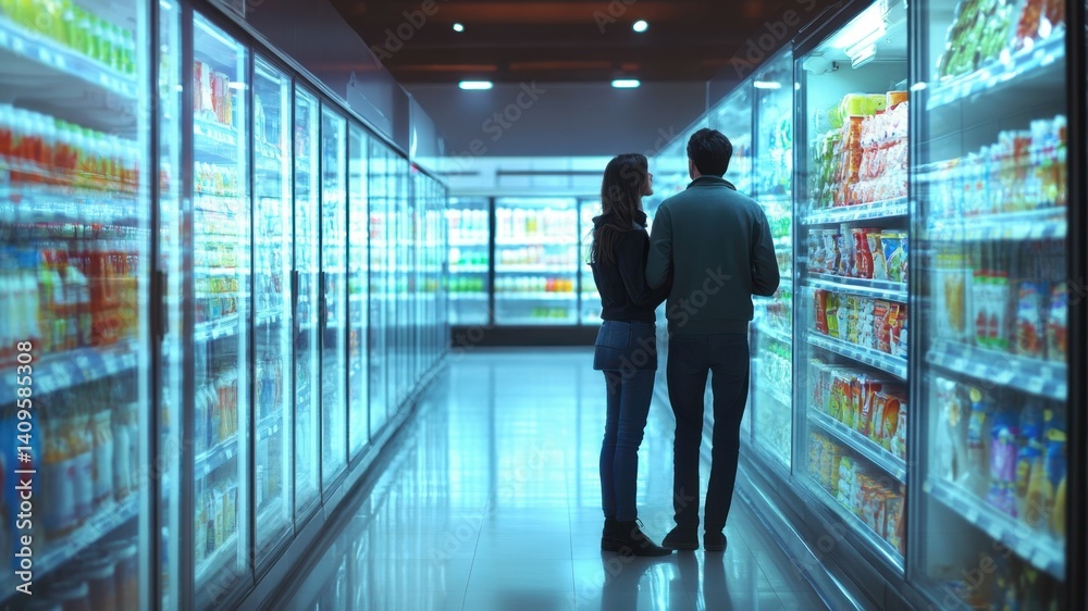 Fototapeta premium A couple shops in a modern supermarket aisle filled with refrigerated drinks.