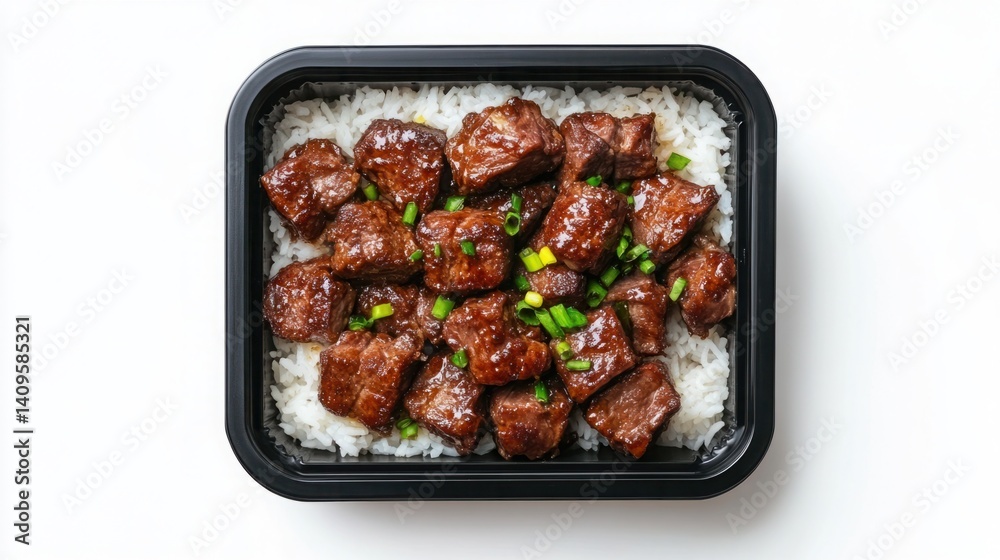 Delicious marinated beef cubes served over fluffy white rice garnished with fresh green onions in a black takeout container, perfect for lunch or dinner