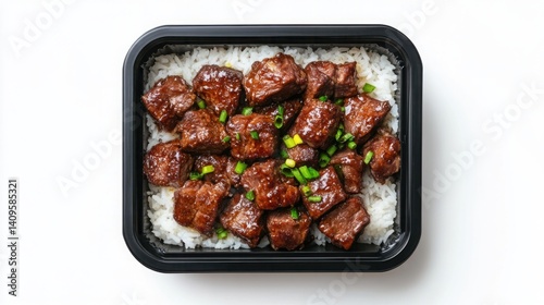 Obraz na płótnie Delicious marinated beef cubes served over fluffy white rice garnished with fresh green onions in a black takeout container, perfect for lunch or dinner w salonie