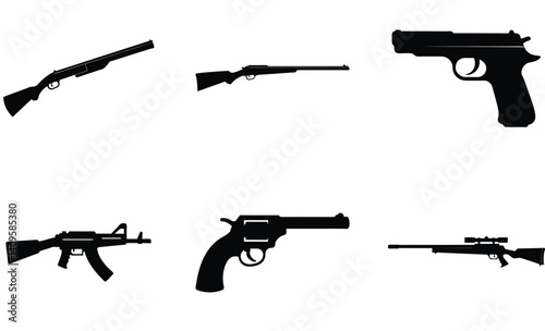 Firearms Vector Collection – Gun and Weapon Illustration Set like Pistol, Revolver, Rifle, Assault Rifle, Sniper Rifle, Shotgun and Submachine Gun